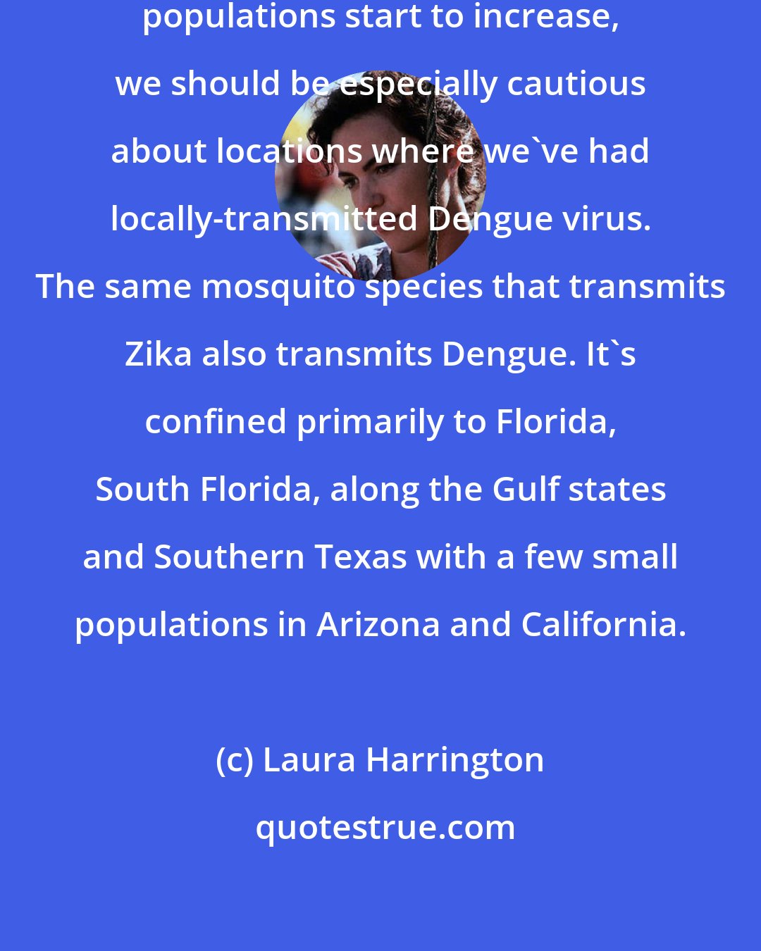 Laura Harrington: I think this spring as the mosquito populations start to increase, we should be especially cautious about locations where we've had locally-transmitted Dengue virus. The same mosquito species that transmits Zika also transmits Dengue. It's confined primarily to Florida, South Florida, along the Gulf states and Southern Texas with a few small populations in Arizona and California.
