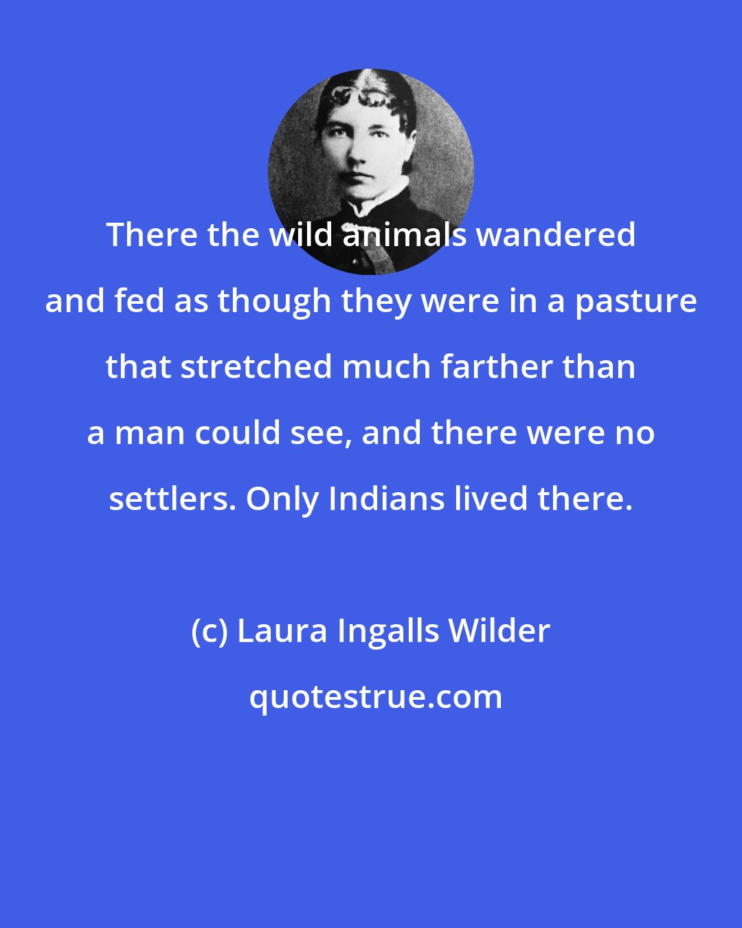 Laura Ingalls Wilder: There the wild animals wandered and fed as though they were in a pasture that stretched much farther than a man could see, and there were no settlers. Only Indians lived there.