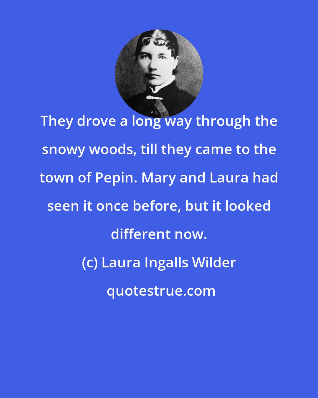 Laura Ingalls Wilder: They drove a long way through the snowy woods, till they came to the town of Pepin. Mary and Laura had seen it once before, but it looked different now.