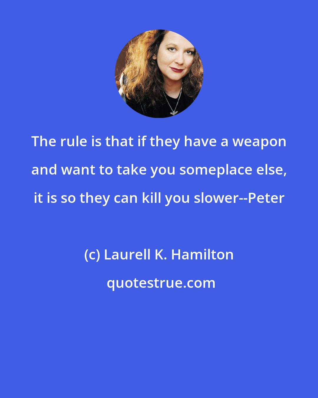 Laurell K. Hamilton: The rule is that if they have a weapon and want to take you someplace else, it is so they can kill you slower--Peter