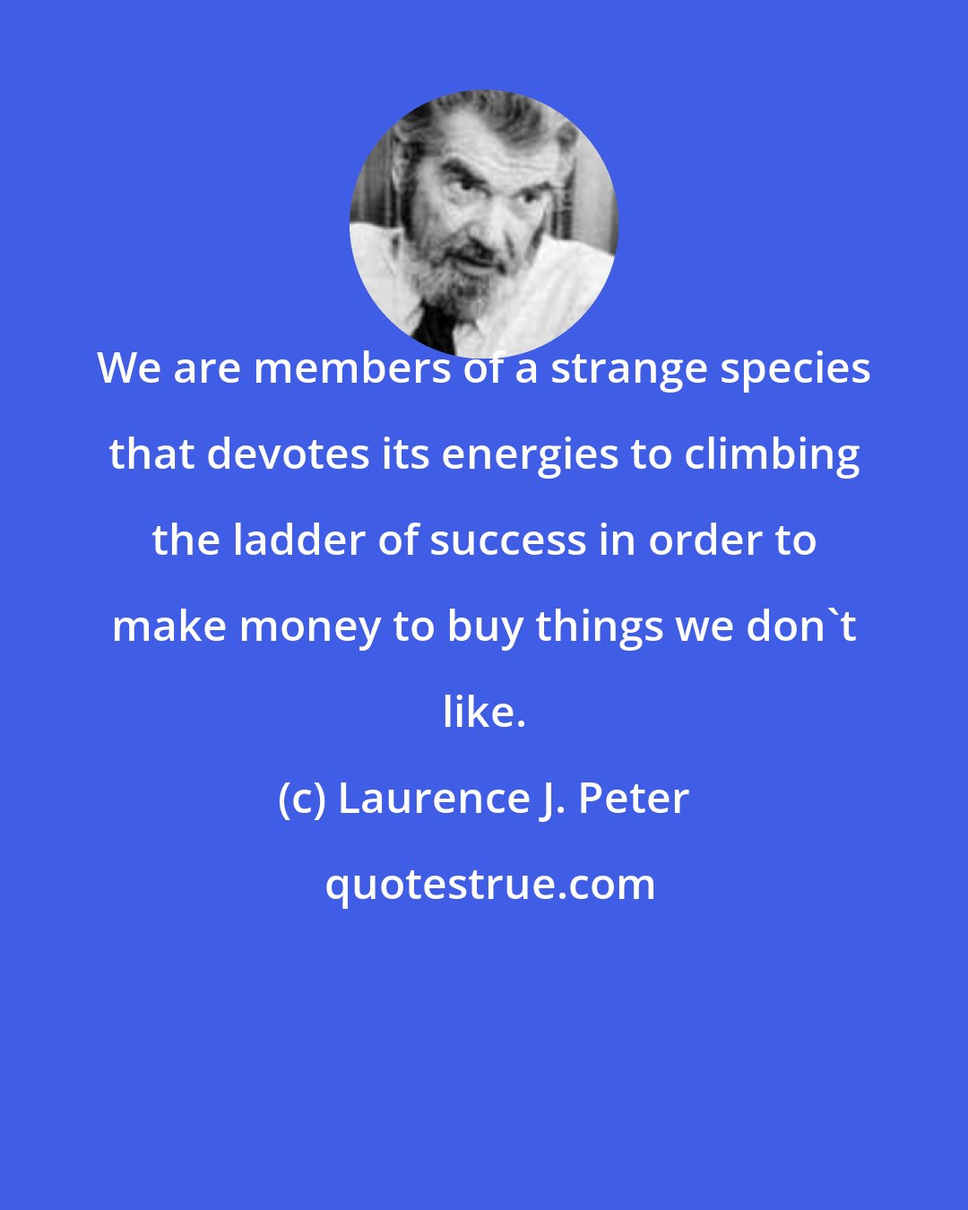 Laurence J. Peter: We are members of a strange species that devotes its energies to climbing the ladder of success in order to make money to buy things we don't like.