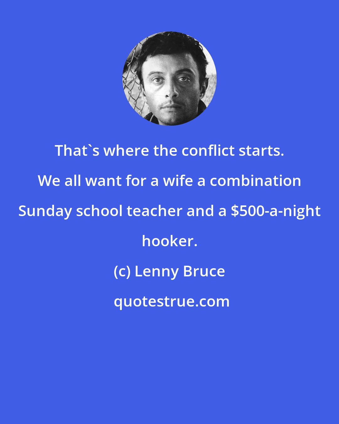 Lenny Bruce: That's where the conflict starts. We all want for a wife a combination Sunday school teacher and a $500-a-night hooker.