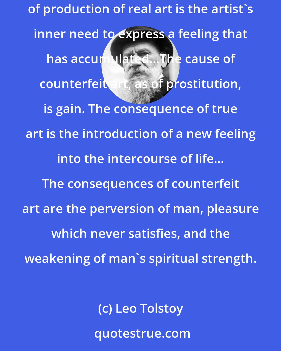 Leo Tolstoy: Real art, like the wife of an affectionate husband, needs no ornaments. But counterfeit art, like a prostitute, must always be decked out. The cause of production of real art is the artist's inner need to express a feeling that has accumulated...The cause of counterfeit art, as of prostitution, is gain. The consequence of true art is the introduction of a new feeling into the intercourse of life... The consequences of counterfeit art are the perversion of man, pleasure which never satisfies, and the weakening of man's spiritual strength.