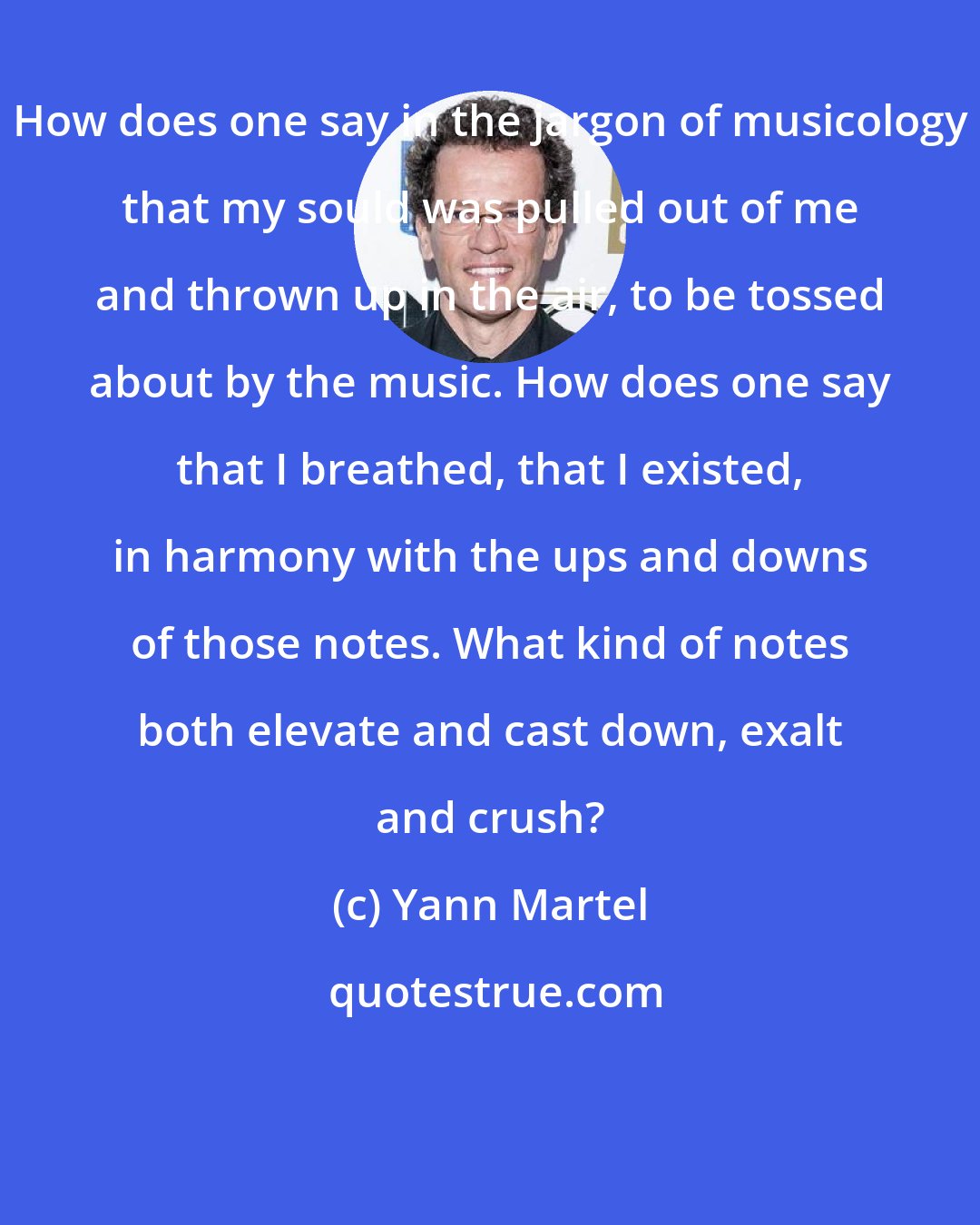 Yann Martel: How does one say in the jargon of musicology that my sould was pulled out of me and thrown up in the air, to be tossed about by the music. How does one say that I breathed, that I existed, in harmony with the ups and downs of those notes. What kind of notes both elevate and cast down, exalt and crush?