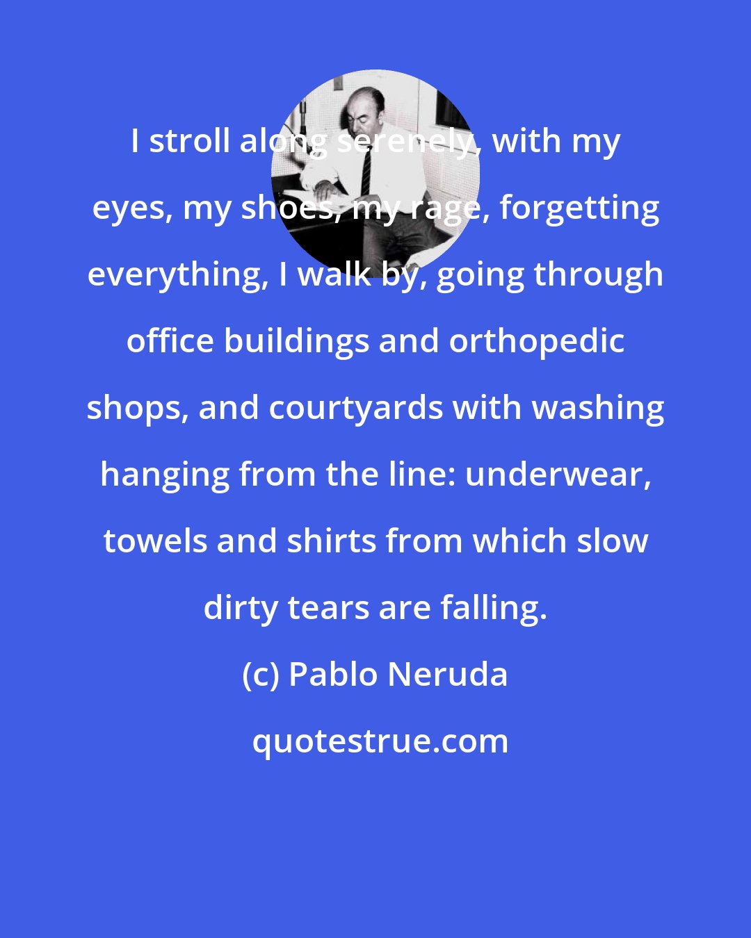 Pablo Neruda: I stroll along serenely, with my eyes, my shoes, my rage, forgetting everything, I walk by, going through office buildings and orthopedic shops, and courtyards with washing hanging from the line: underwear, towels and shirts from which slow dirty tears are falling.