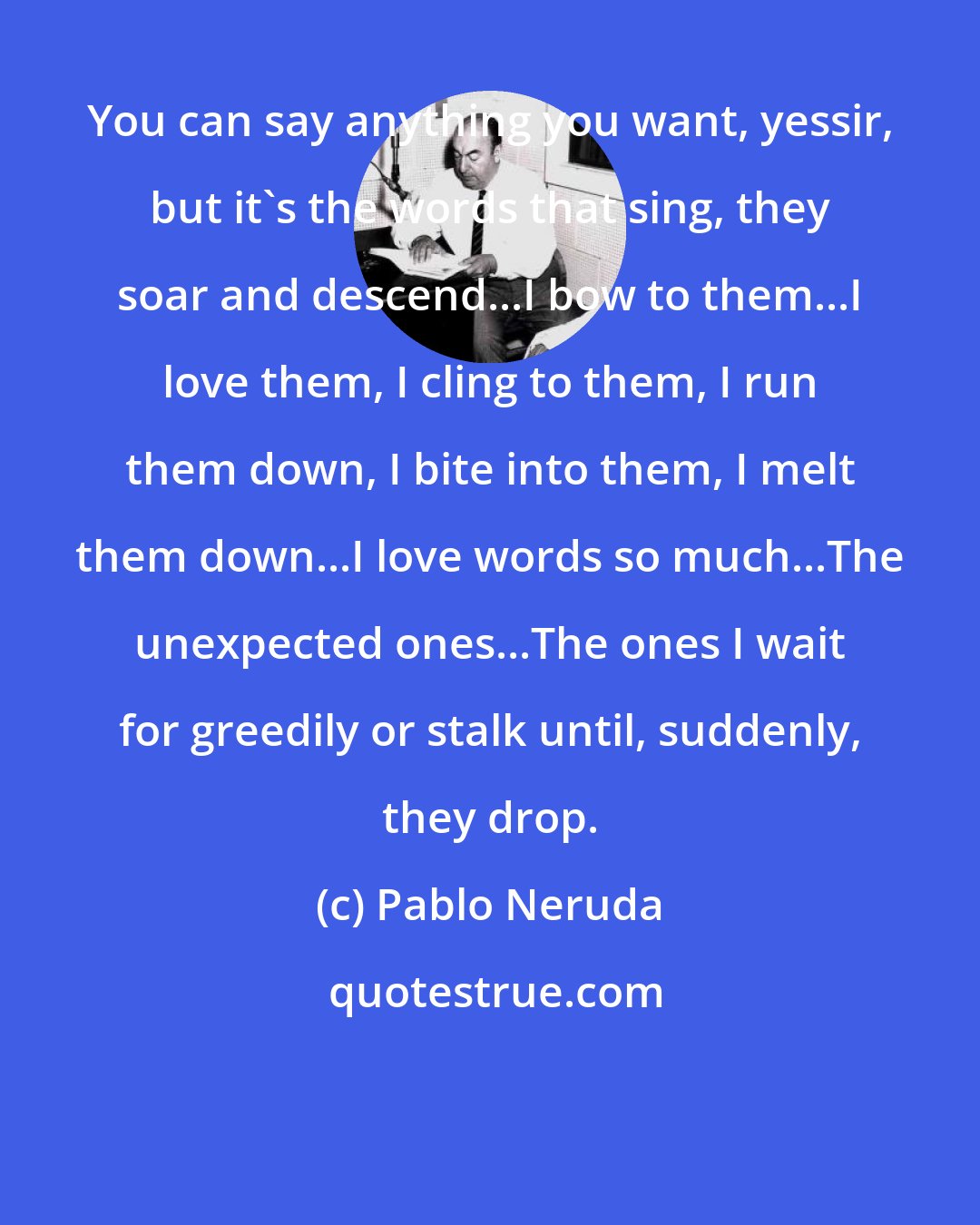 Pablo Neruda: You can say anything you want, yessir, but it's the words that sing, they soar and descend...I bow to them...I love them, I cling to them, I run them down, I bite into them, I melt them down...I love words so much...The unexpected ones...The ones I wait for greedily or stalk until, suddenly, they drop.