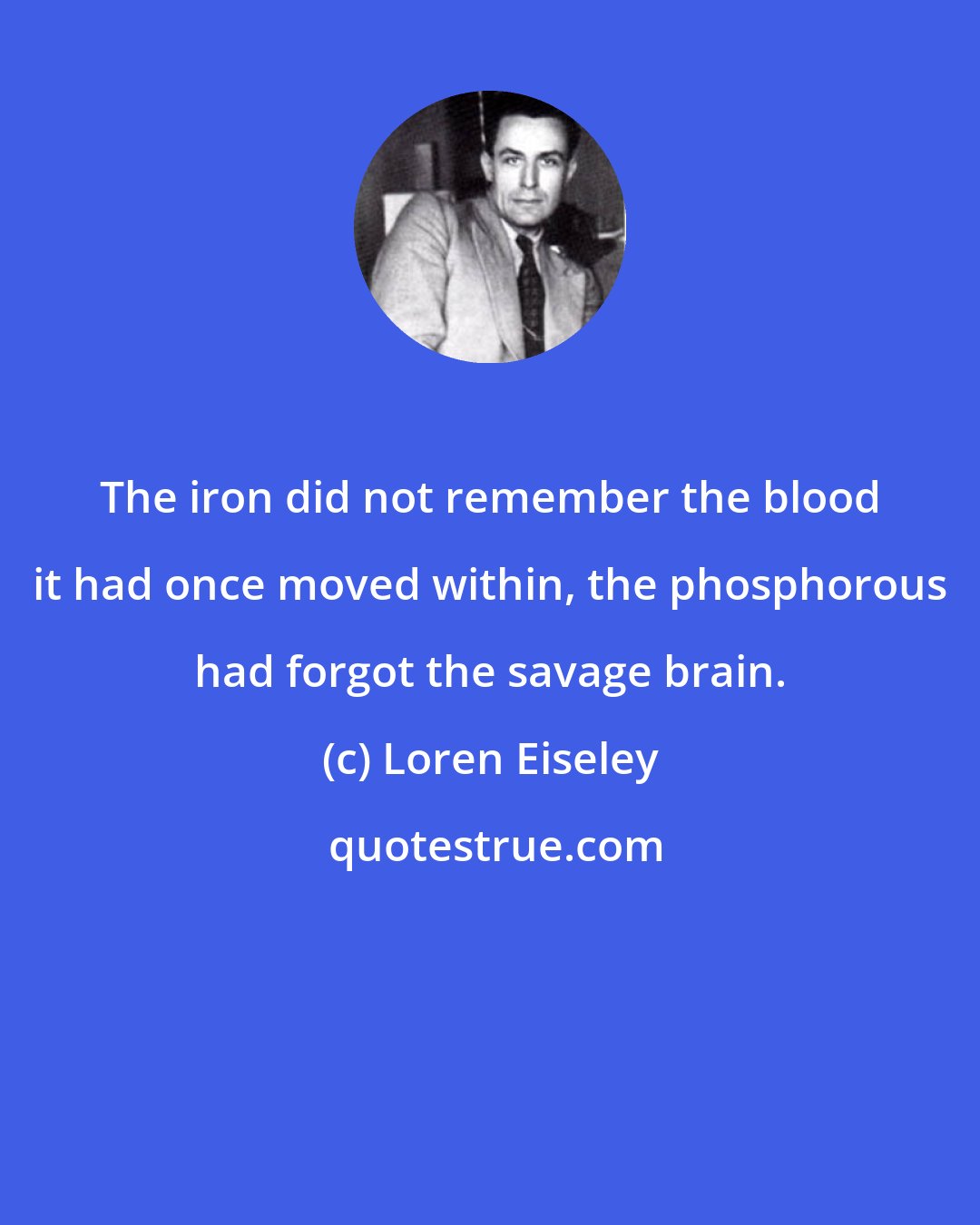 Loren Eiseley: The iron did not remember the blood it had once moved within, the phosphorous had forgot the savage brain.