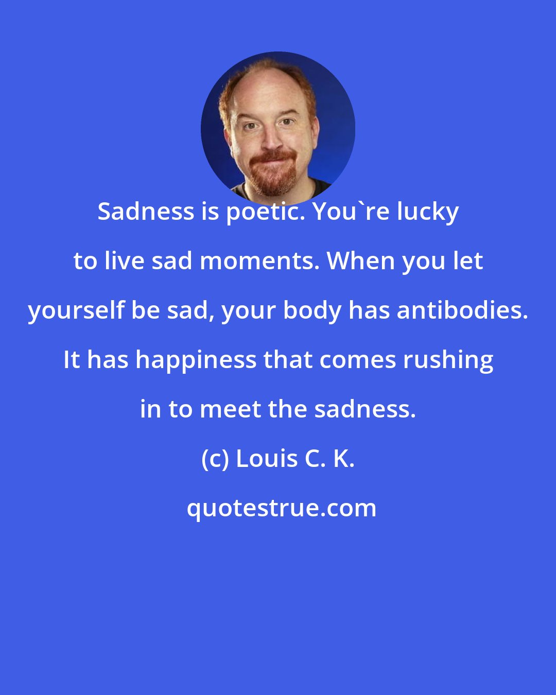 Louis C. K.: Sadness is poetic. You're lucky to live sad moments. When you let yourself be sad, your body has antibodies. It has happiness that comes rushing in to meet the sadness.