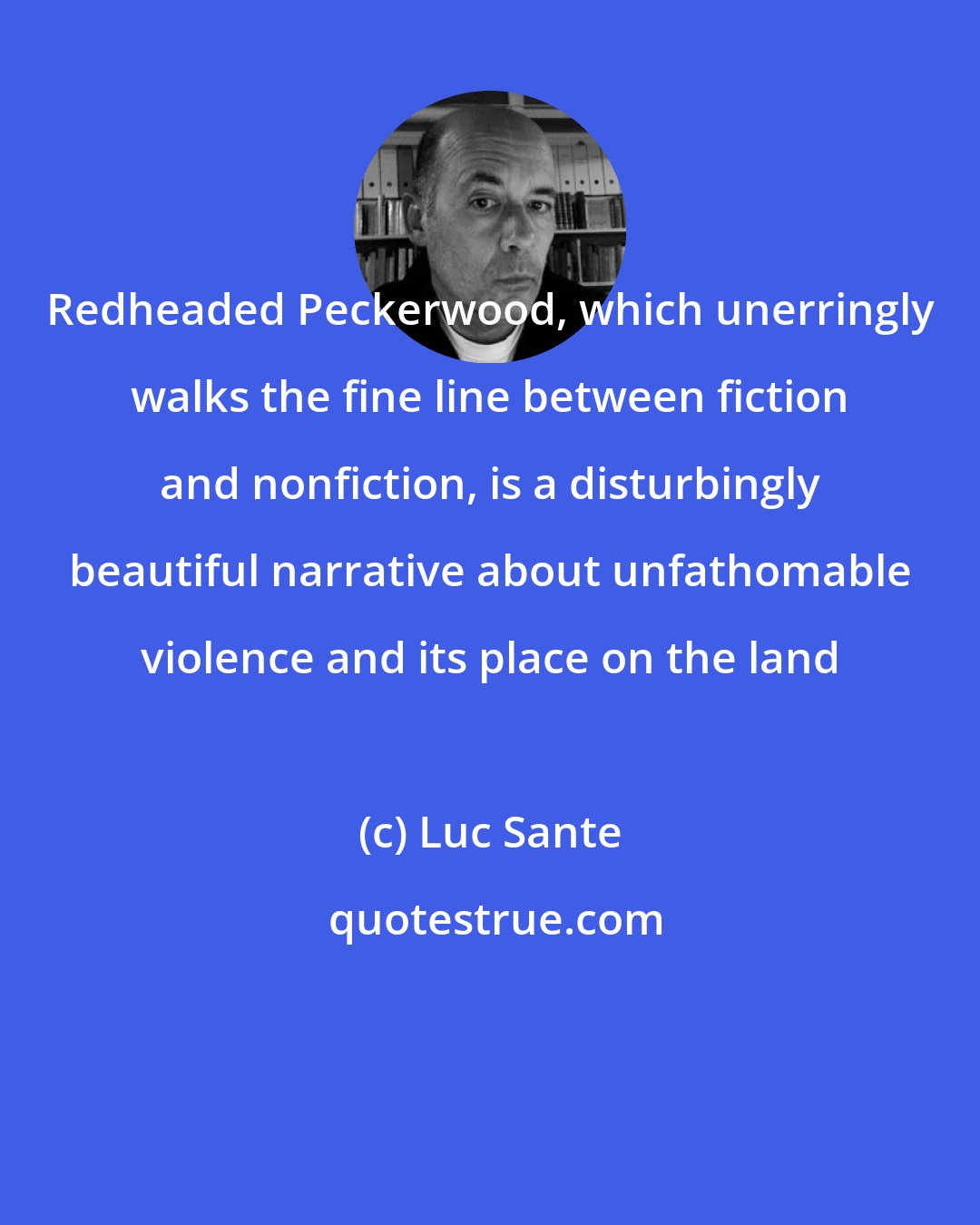 Luc Sante: Redheaded Peckerwood, which unerringly walks the fine line between fiction and nonfiction, is a disturbingly beautiful narrative about unfathomable violence and its place on the land