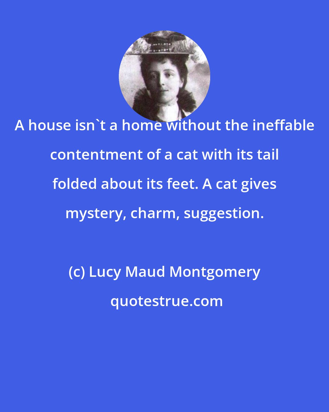 Lucy Maud Montgomery: A house isn't a home without the ineffable contentment of a cat with its tail folded about its feet. A cat gives mystery, charm, suggestion.