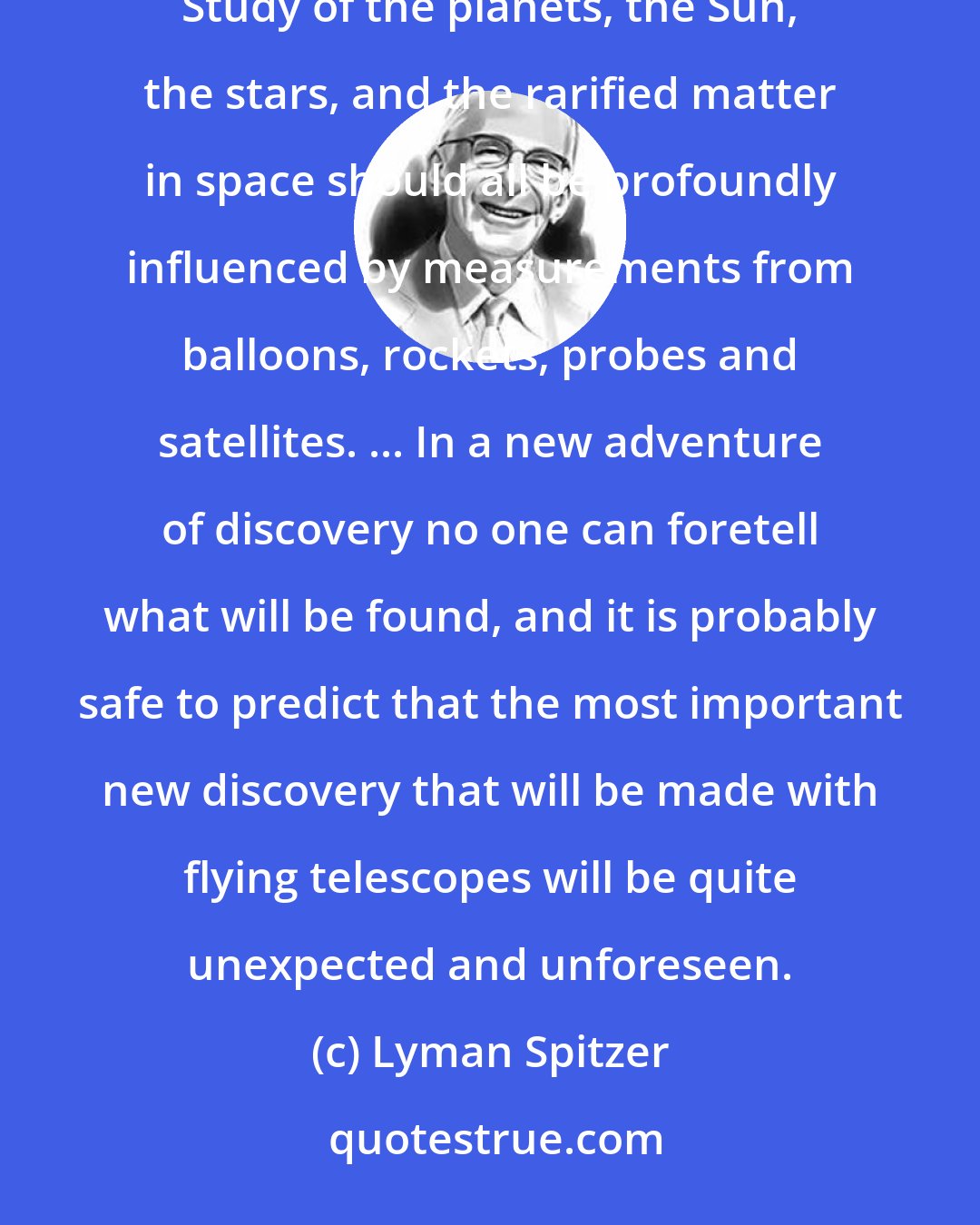 Lyman Spitzer: Astronomy may be revolutionized more than any other field of science by observations from above the atmosphere. Study of the planets, the Sun, the stars, and the rarified matter in space should all be profoundly influenced by measurements from balloons, rockets, probes and satellites. ... In a new adventure of discovery no one can foretell what will be found, and it is probably safe to predict that the most important new discovery that will be made with flying telescopes will be quite unexpected and unforeseen.