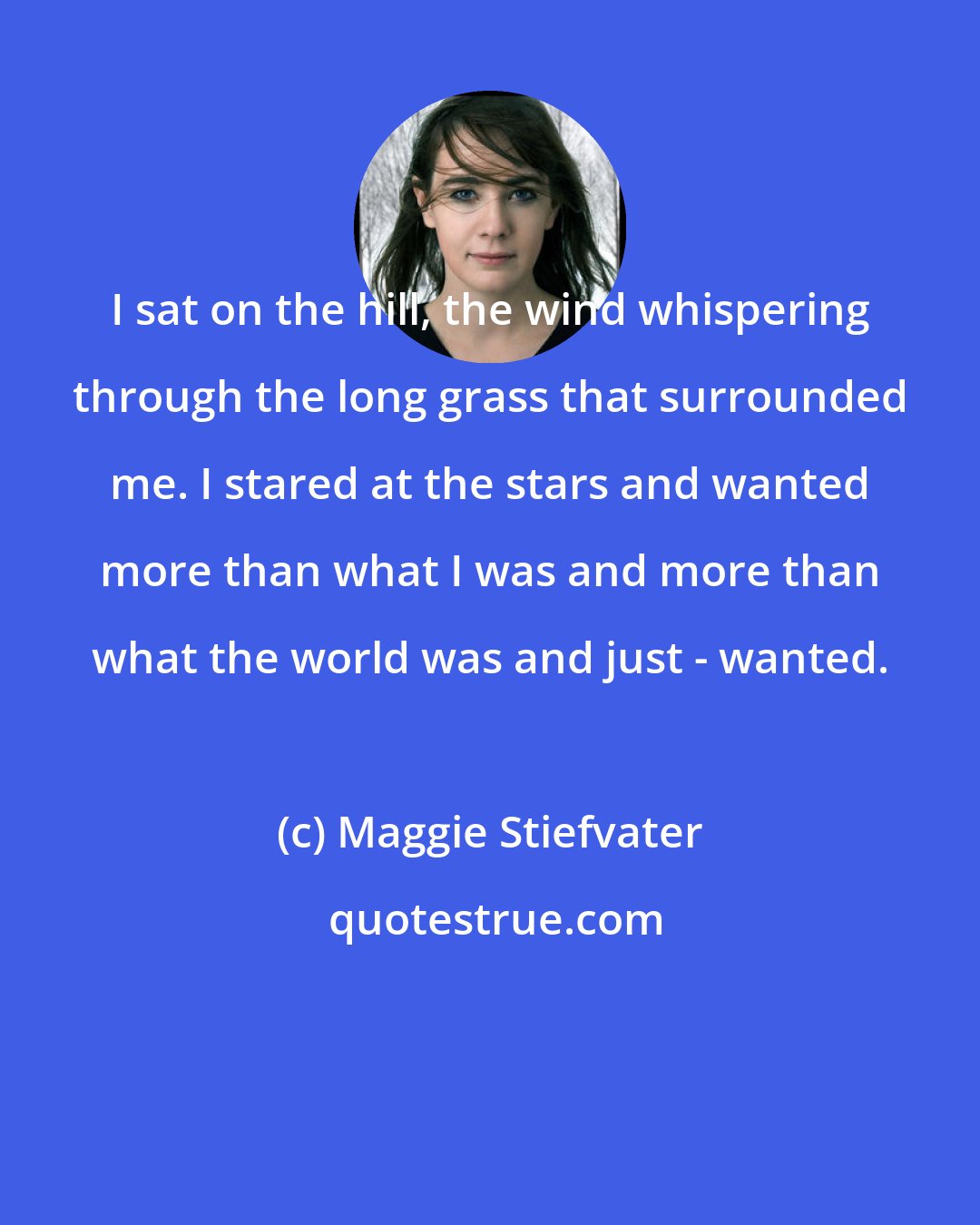 Maggie Stiefvater: I sat on the hill, the wind whispering through the long grass that surrounded me. I stared at the stars and wanted more than what I was and more than what the world was and just - wanted.