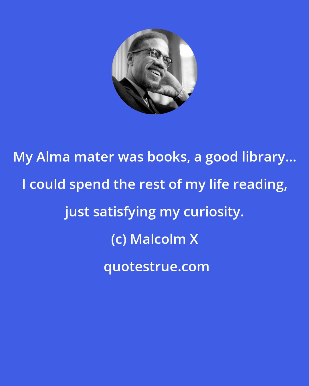 Malcolm X: My Alma mater was books, a good library... I could spend the rest of my life reading, just satisfying my curiosity.