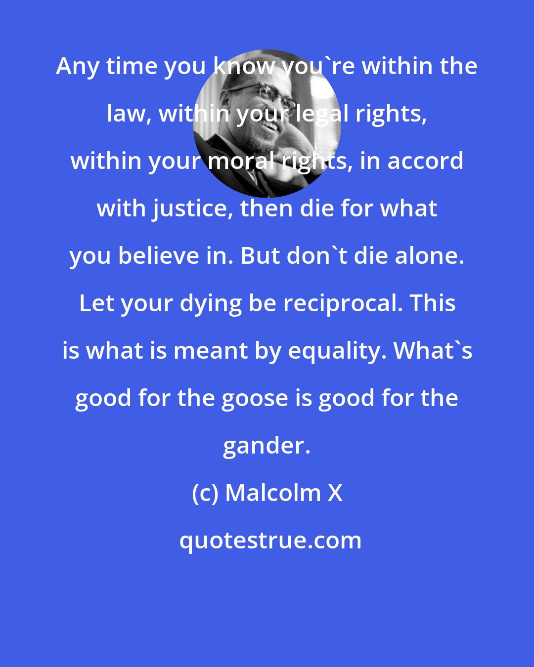 Malcolm X: Any time you know you're within the law, within your legal rights, within your moral rights, in accord with justice, then die for what you believe in. But don't die alone. Let your dying be reciprocal. This is what is meant by equality. What's good for the goose is good for the gander.