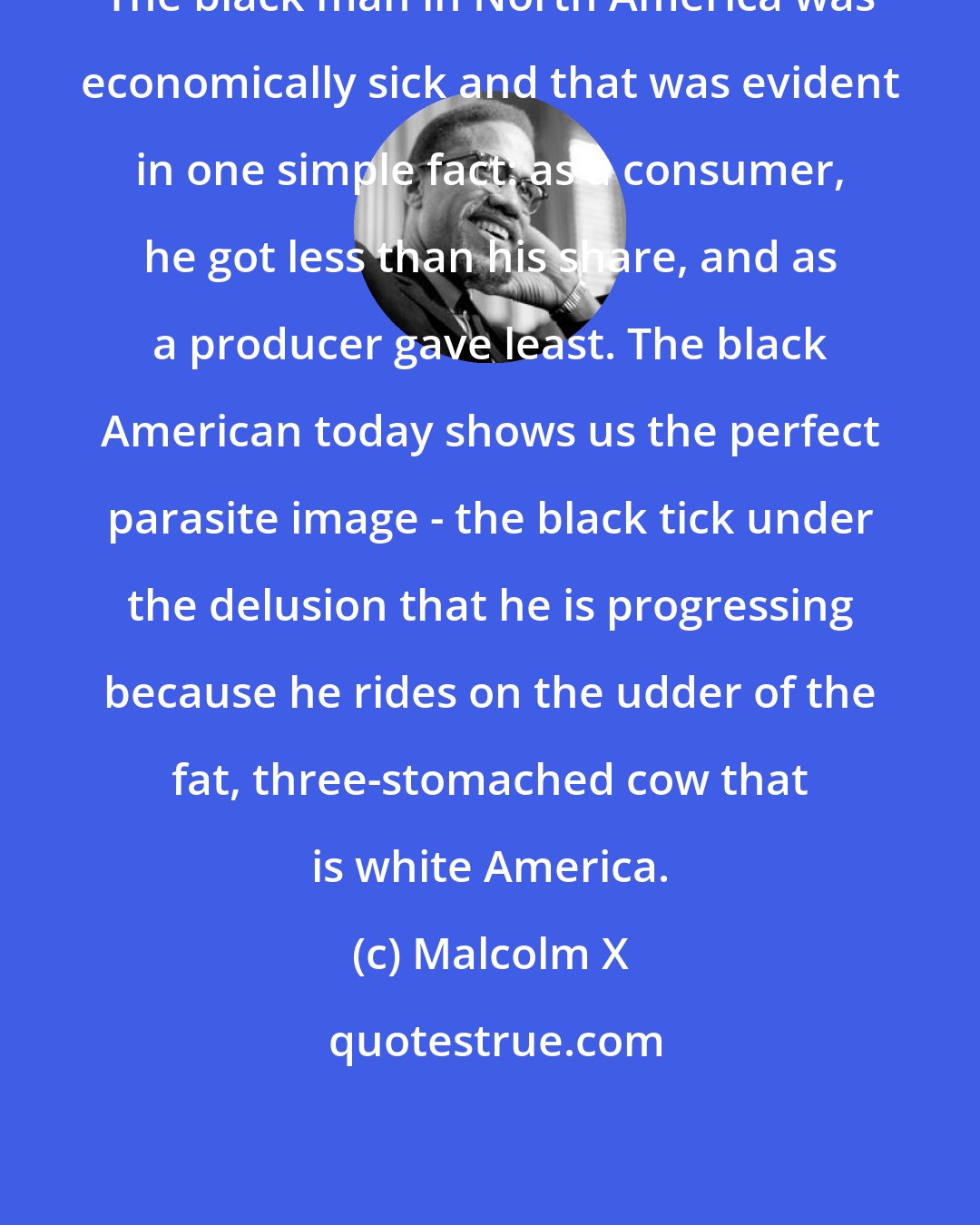 Malcolm X: The black man in North America was economically sick and that was evident in one simple fact: as a consumer, he got less than his share, and as a producer gave least. The black American today shows us the perfect parasite image - the black tick under the delusion that he is progressing because he rides on the udder of the fat, three-stomached cow that is white America.