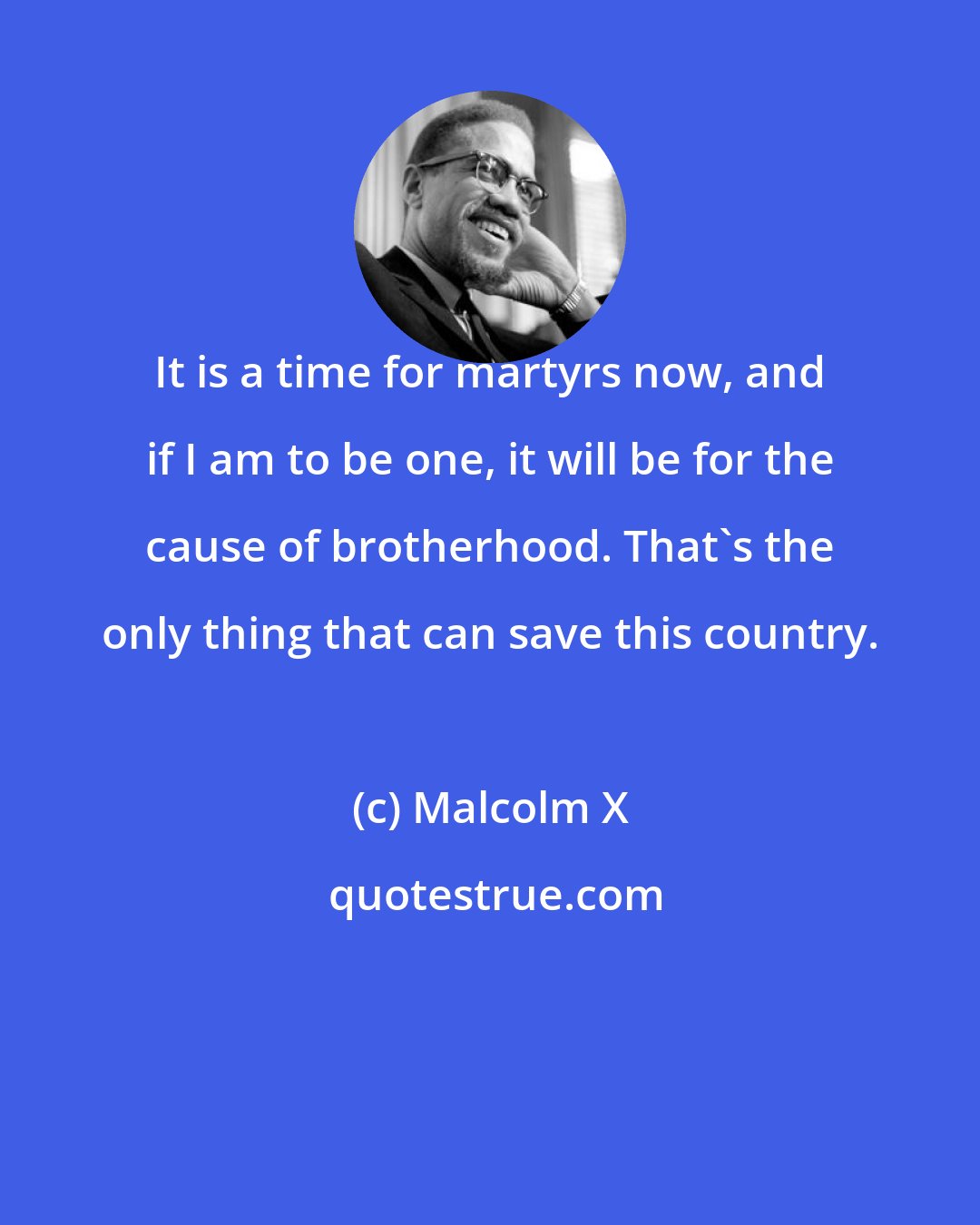 Malcolm X: It is a time for martyrs now, and if I am to be one, it will be for the cause of brotherhood. That's the only thing that can save this country.