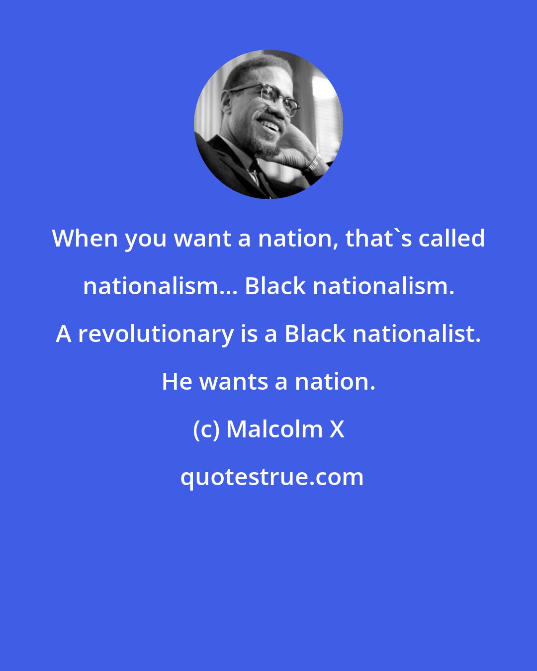 Malcolm X: When you want a nation, that's called nationalism... Black nationalism. A revolutionary is a Black nationalist. He wants a nation.