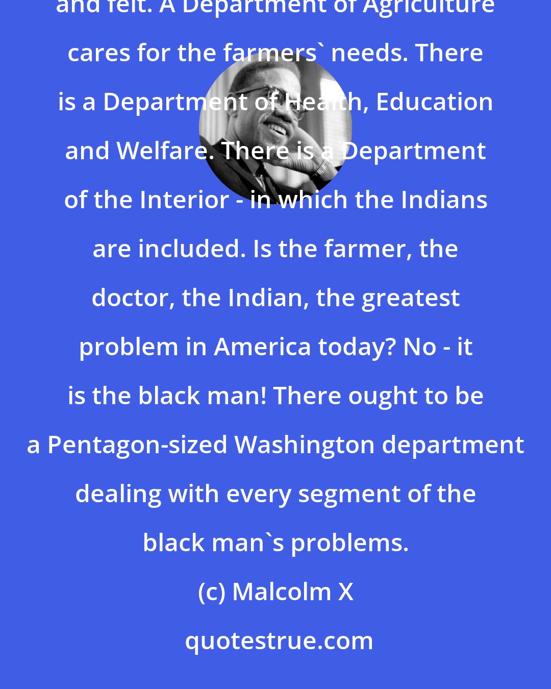 Malcolm X: The government has departments to deal with the special interest groups that make themselves heard and felt. A Department of Agriculture cares for the farmers' needs. There is a Department of Health, Education and Welfare. There is a Department of the Interior - in which the Indians are included. Is the farmer, the doctor, the Indian, the greatest problem in America today? No - it is the black man! There ought to be a Pentagon-sized Washington department dealing with every segment of the black man's problems.