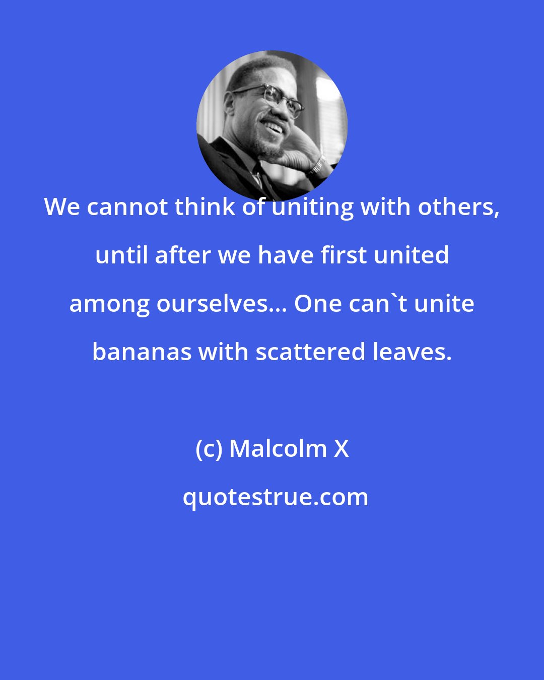 Malcolm X: We cannot think of uniting with others, until after we have first united among ourselves... One can't unite bananas with scattered leaves.