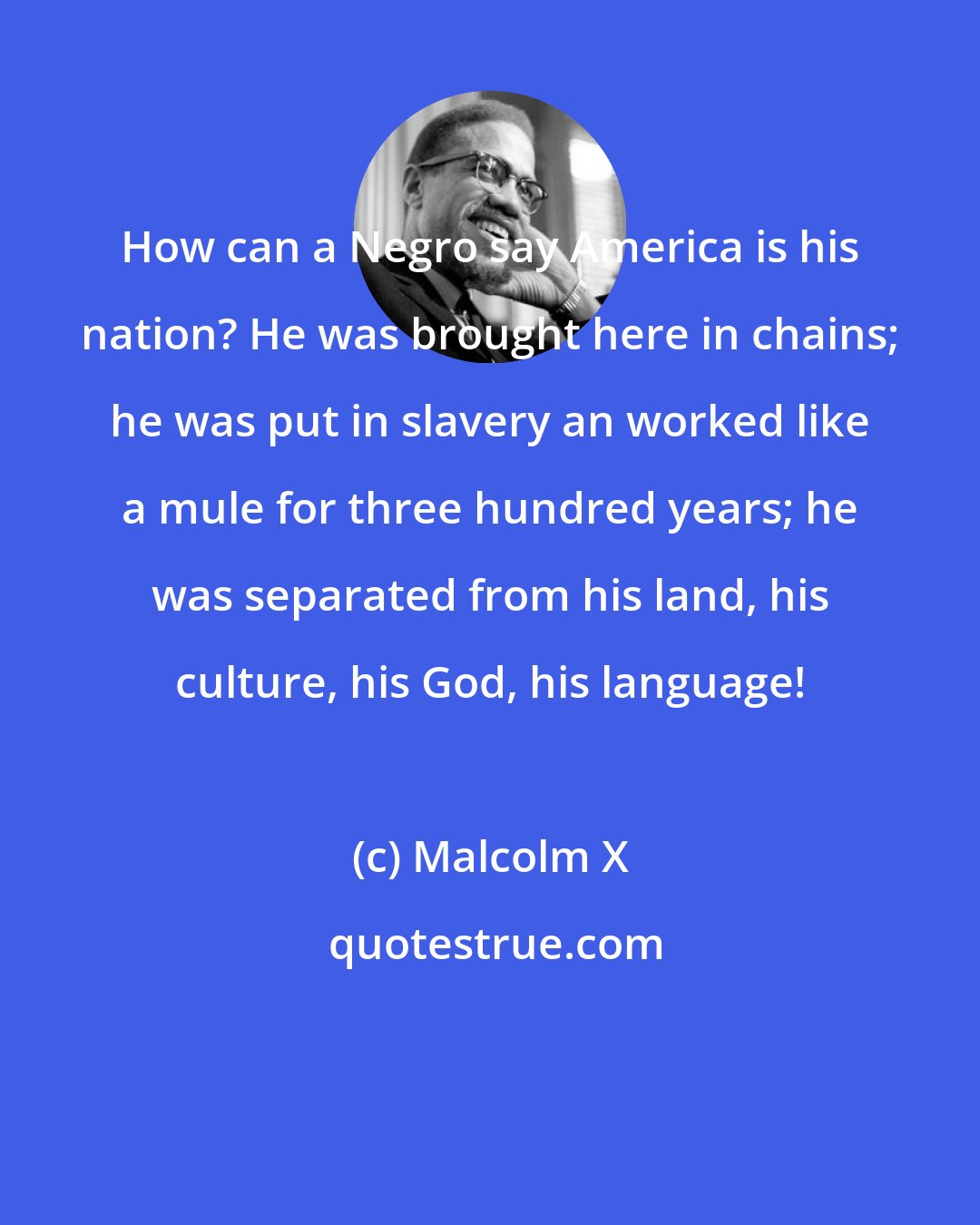 Malcolm X: How can a Negro say America is his nation? He was brought here in chains; he was put in slavery an worked like a mule for three hundred years; he was separated from his land, his culture, his God, his language!