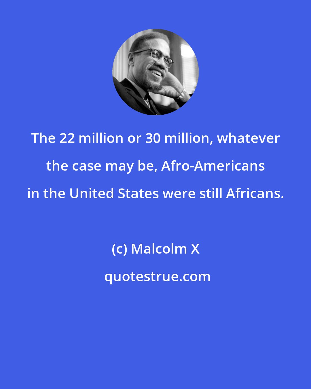 Malcolm X: The 22 million or 30 million, whatever the case may be, Afro-Americans in the United States were still Africans.