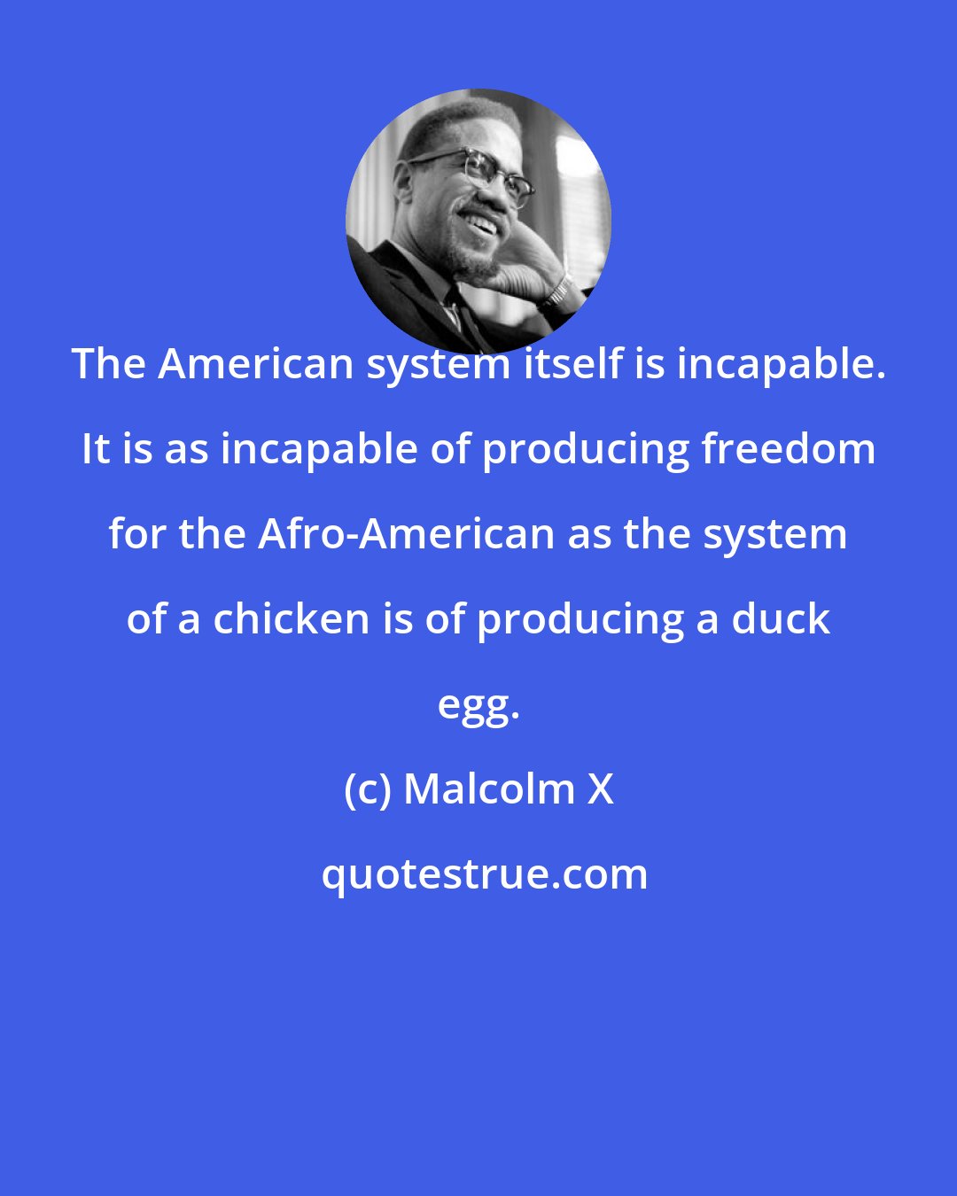 Malcolm X: The American system itself is incapable. It is as incapable of producing freedom for the Afro-American as the system of a chicken is of producing a duck egg.