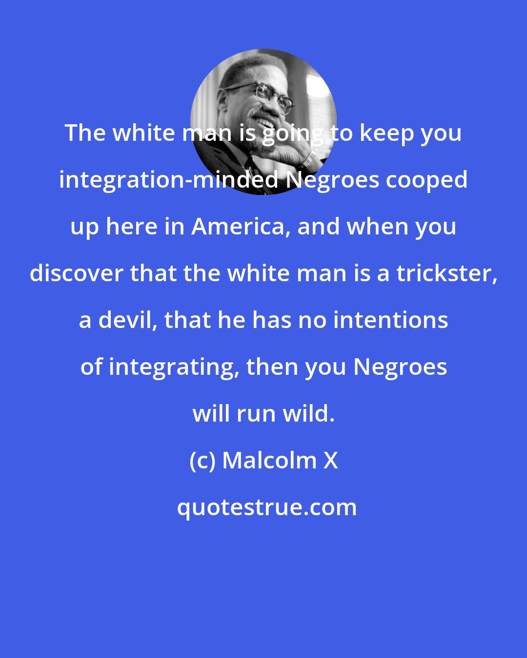 Malcolm X: The white man is going to keep you integration-minded Negroes cooped up here in America, and when you discover that the white man is a trickster, a devil, that he has no intentions of integrating, then you Negroes will run wild.