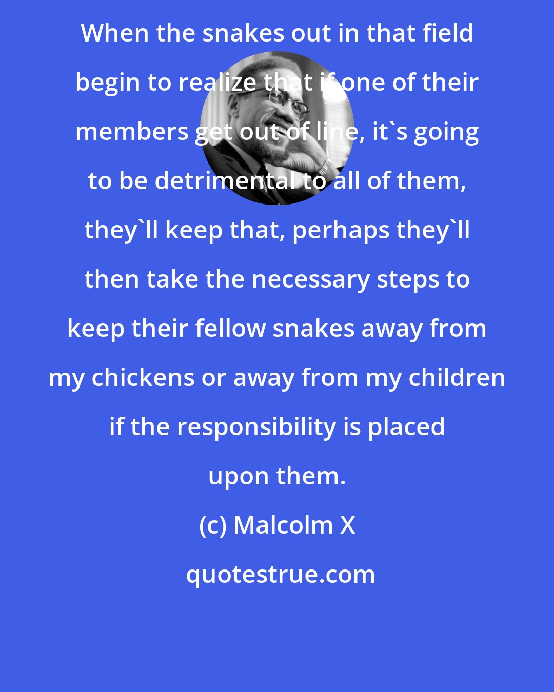 Malcolm X: When the snakes out in that field begin to realize that if one of their members get out of line, it's going to be detrimental to all of them, they'll keep that, perhaps they'll then take the necessary steps to keep their fellow snakes away from my chickens or away from my children if the responsibility is placed upon them.