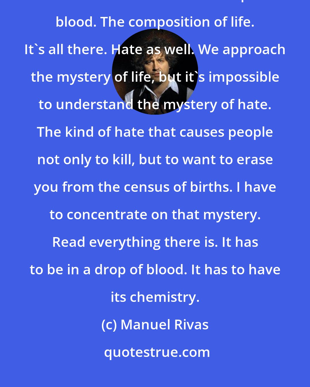 Manuel Rivas: See what's inside a drop of water. The whole seed of the universe. Come, come. See what's inside a drop of blood. The composition of life. It's all there. Hate as well. We approach the mystery of life, but it's impossible to understand the mystery of hate. The kind of hate that causes people not only to kill, but to want to erase you from the census of births. I have to concentrate on that mystery. Read everything there is. It has to be in a drop of blood. It has to have its chemistry.
