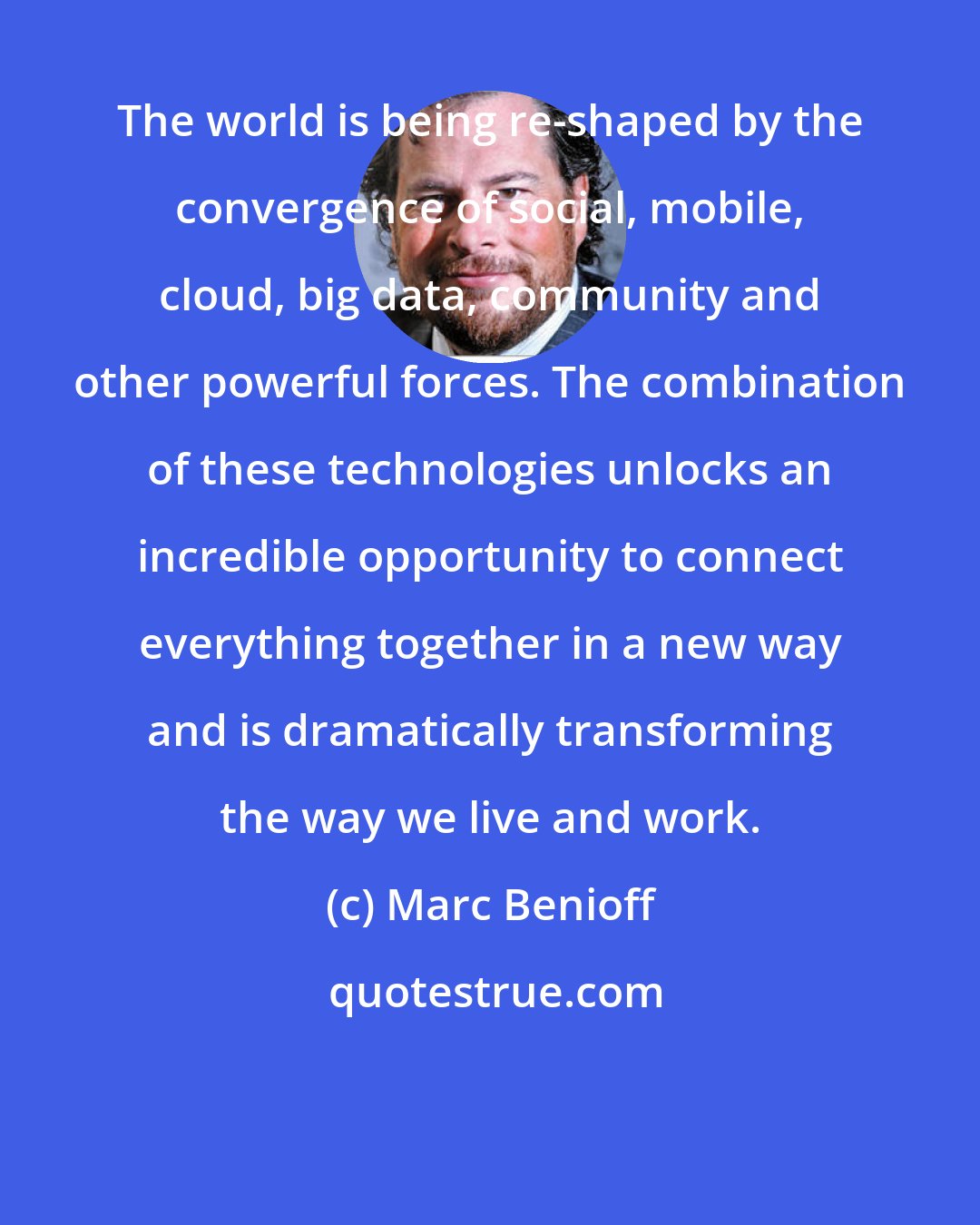 Marc Benioff: The world is being re-shaped by the convergence of social, mobile, cloud, big data, community and other powerful forces. The combination of these technologies unlocks an incredible opportunity to connect everything together in a new way and is dramatically transforming the way we live and work.