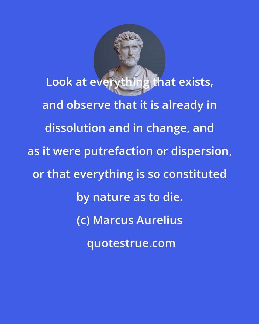 Marcus Aurelius: Look at everything that exists, and observe that it is already in dissolution and in change, and as it were putrefaction or dispersion, or that everything is so constituted by nature as to die.