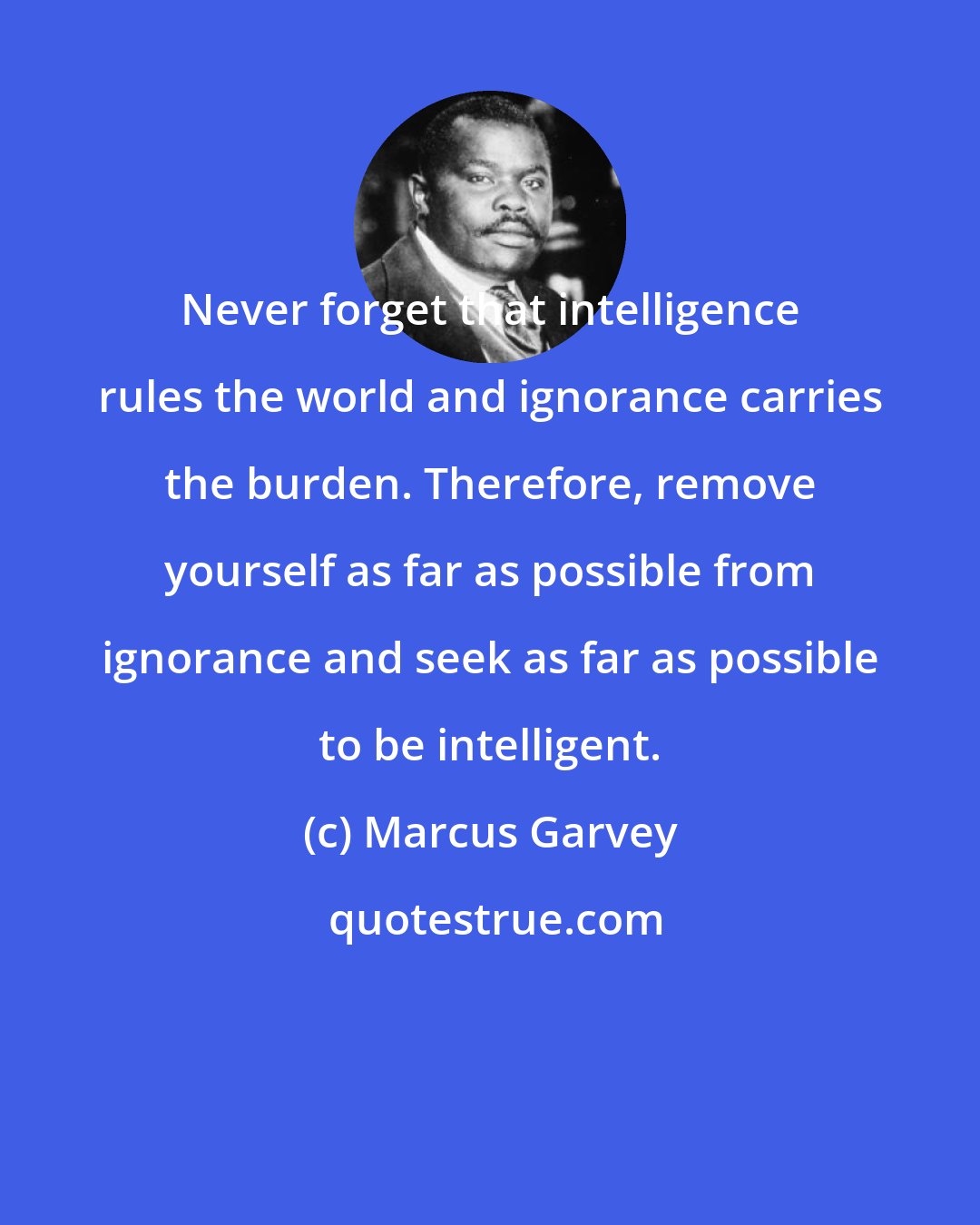 Marcus Garvey: Never forget that intelligence rules the world and ignorance carries the burden. Therefore, remove yourself as far as possible from ignorance and seek as far as possible to be intelligent.