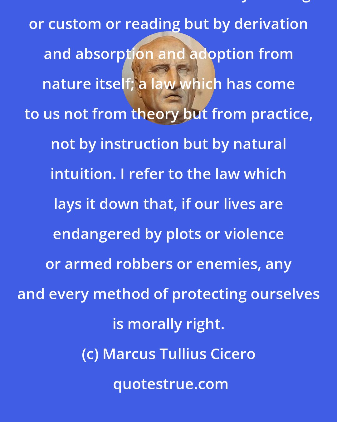 Marcus Tullius Cicero: There exists a law, not written down anywhere but inborn in our hearts; a law which comes to us not by training or custom or reading but by derivation and absorption and adoption from nature itself; a law which has come to us not from theory but from practice, not by instruction but by natural intuition. I refer to the law which lays it down that, if our lives are endangered by plots or violence or armed robbers or enemies, any and every method of protecting ourselves is morally right.