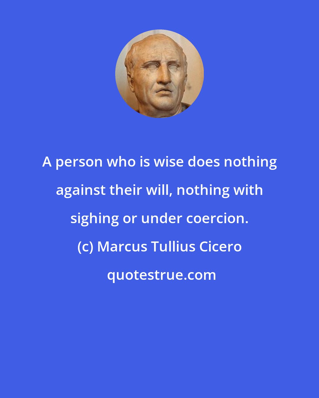 Marcus Tullius Cicero: A person who is wise does nothing against their will, nothing with sighing or under coercion.