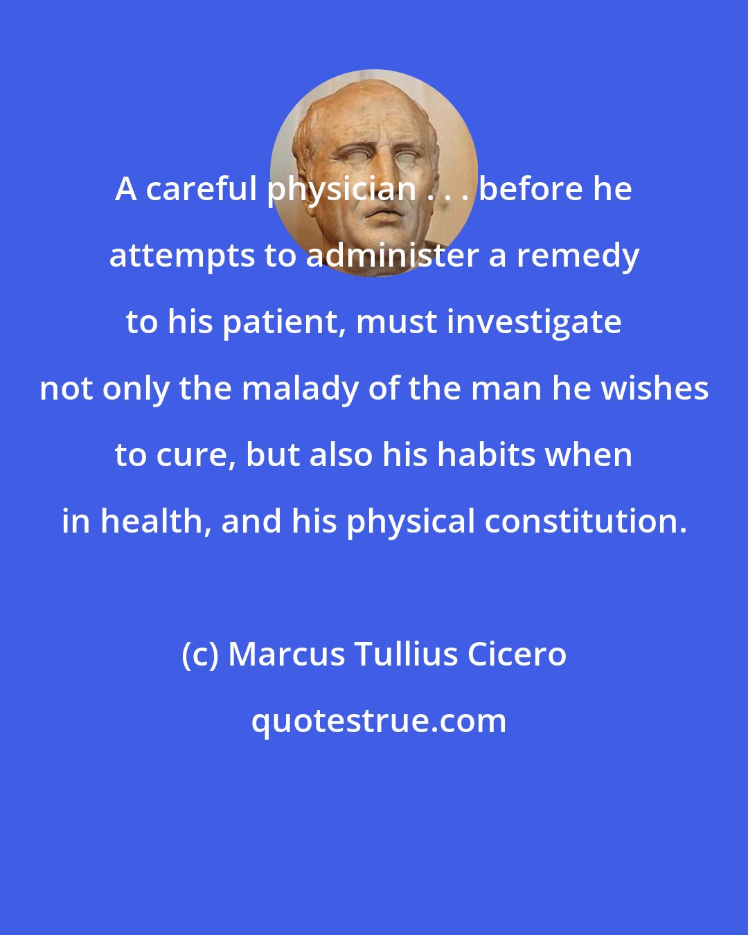 Marcus Tullius Cicero: A careful physician . . . before he attempts to administer a remedy to his patient, must investigate not only the malady of the man he wishes to cure, but also his habits when in health, and his physical constitution.