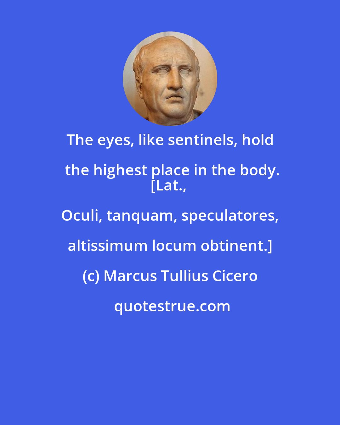 Marcus Tullius Cicero: The eyes, like sentinels, hold the highest place in the body.
[Lat., Oculi, tanquam, speculatores, altissimum locum obtinent.]