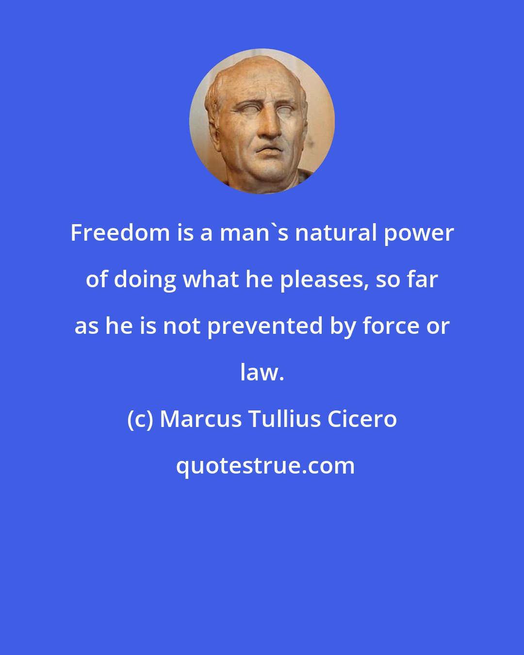 Marcus Tullius Cicero: Freedom is a man's natural power of doing what he pleases, so far as he is not prevented by force or law.