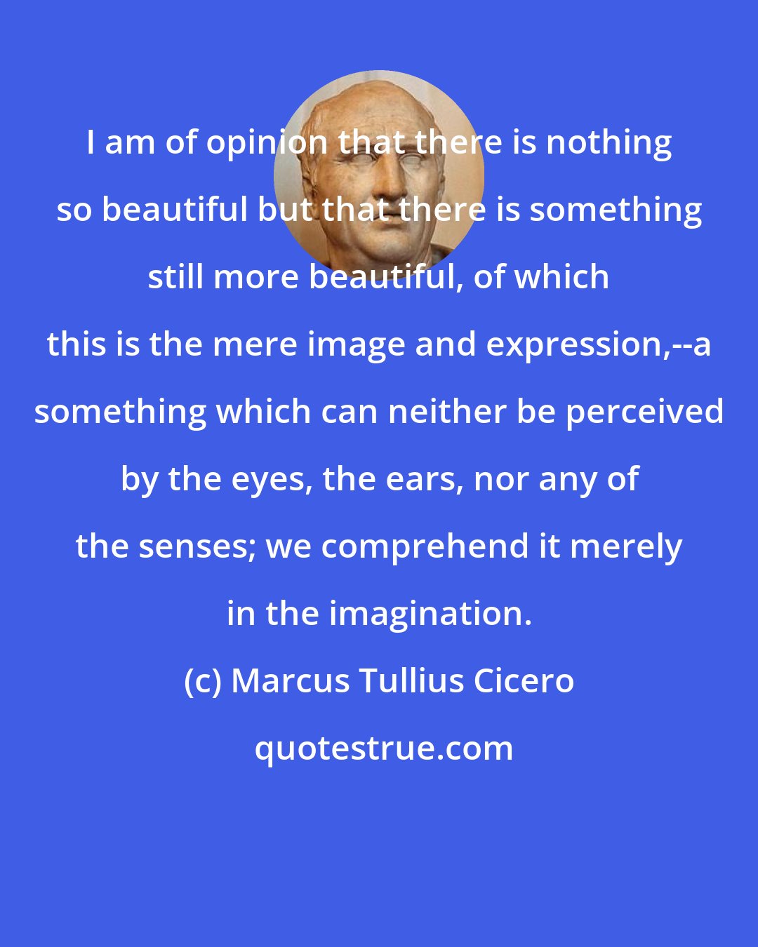 Marcus Tullius Cicero: I am of opinion that there is nothing so beautiful but that there is something still more beautiful, of which this is the mere image and expression,--a something which can neither be perceived by the eyes, the ears, nor any of the senses; we comprehend it merely in the imagination.