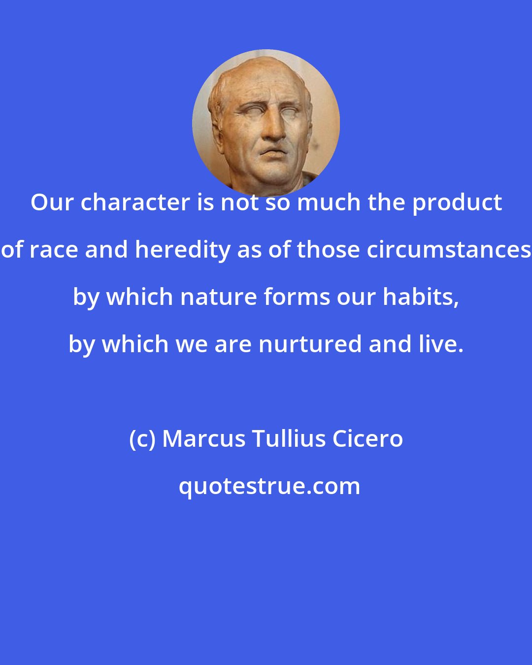 Marcus Tullius Cicero: Our character is not so much the product of race and heredity as of those circumstances by which nature forms our habits, by which we are nurtured and live.