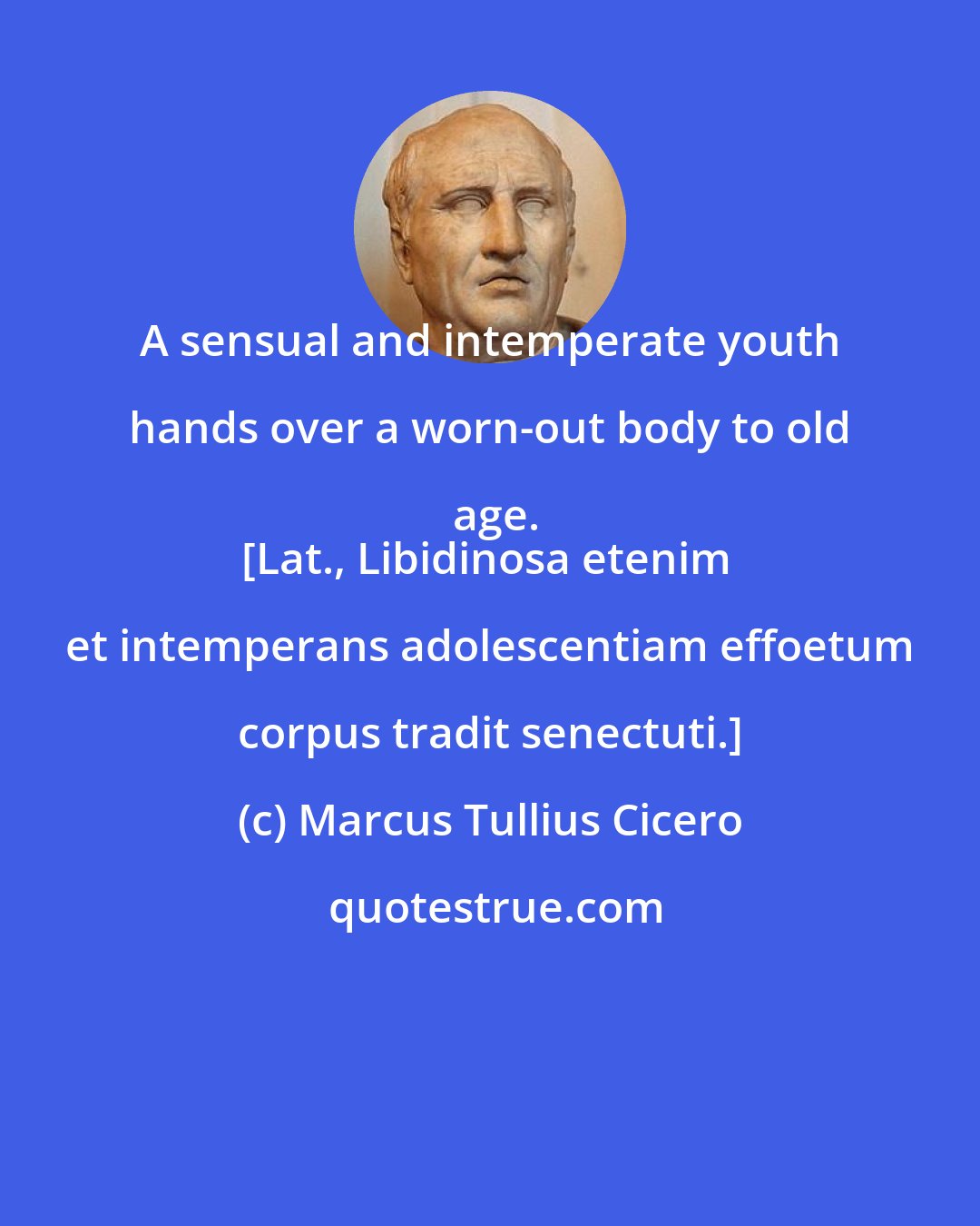 Marcus Tullius Cicero: A sensual and intemperate youth hands over a worn-out body to old age.
[Lat., Libidinosa etenim et intemperans adolescentiam effoetum corpus tradit senectuti.]