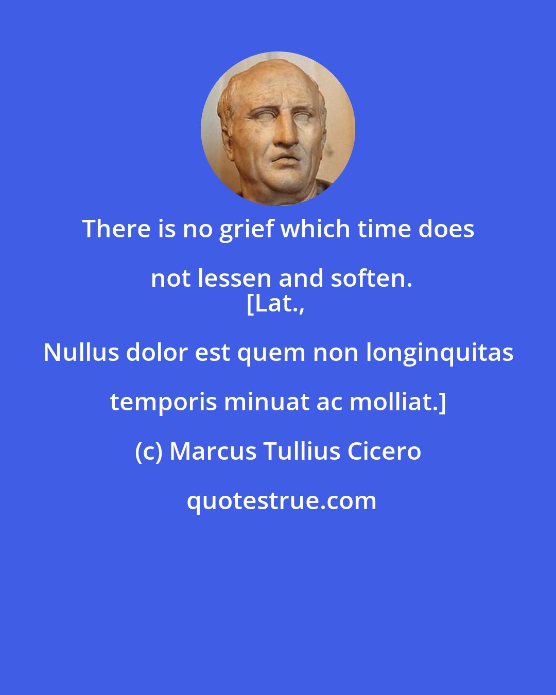 Marcus Tullius Cicero: There is no grief which time does not lessen and soften.
[Lat., Nullus dolor est quem non longinquitas temporis minuat ac molliat.]