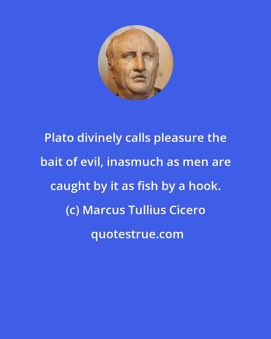 Marcus Tullius Cicero: Plato divinely calls pleasure the bait of evil, inasmuch as men are caught by it as fish by a hook.