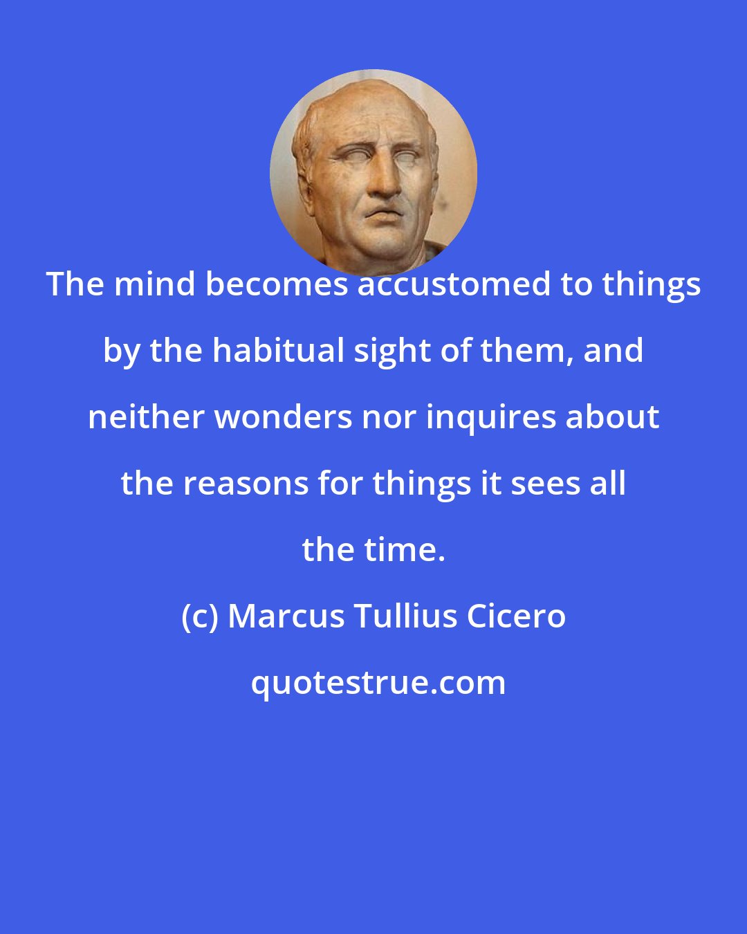 Marcus Tullius Cicero: The mind becomes accustomed to things by the habitual sight of them, and neither wonders nor inquires about the reasons for things it sees all the time.