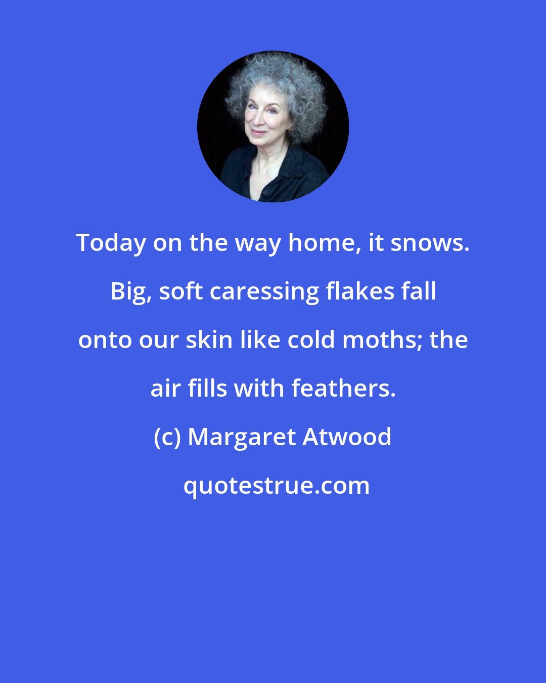 Margaret Atwood: Today on the way home, it snows. Big, soft caressing flakes fall onto our skin like cold moths; the air fills with feathers.