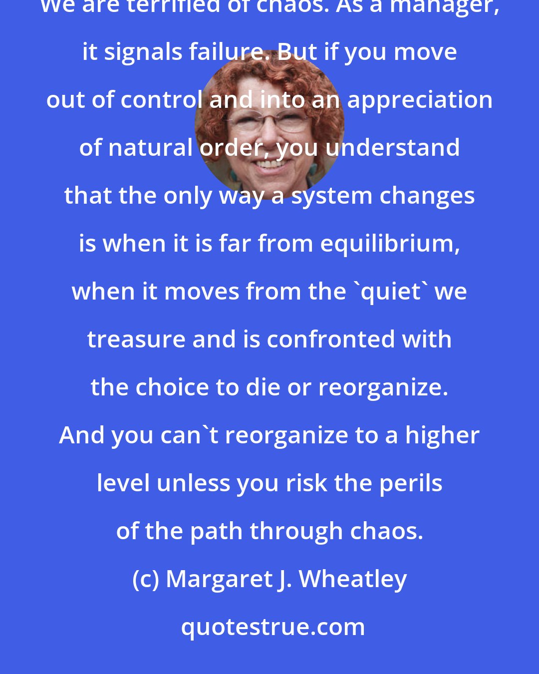 Margaret J. Wheatley: One of the great errors organizations make is shutting down what is a natural, life-enhancing process-chaos. We are terrified of chaos. As a manager, it signals failure. But if you move out of control and into an appreciation of natural order, you understand that the only way a system changes is when it is far from equilibrium, when it moves from the 'quiet' we treasure and is confronted with the choice to die or reorganize. And you can't reorganize to a higher level unless you risk the perils of the path through chaos.