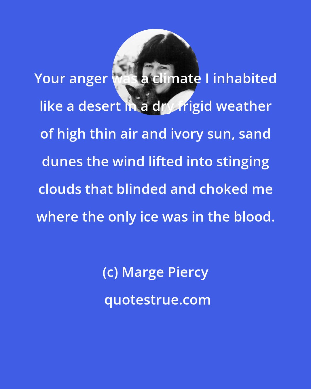 Marge Piercy: Your anger was a climate I inhabited like a desert in a dry frigid weather of high thin air and ivory sun, sand dunes the wind lifted into stinging clouds that blinded and choked me where the only ice was in the blood.