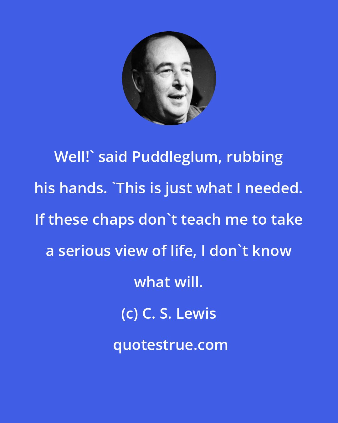 C. S. Lewis: Well!' said Puddleglum, rubbing his hands. 'This is just what I needed. If these chaps don't teach me to take a serious view of life, I don't know what will.