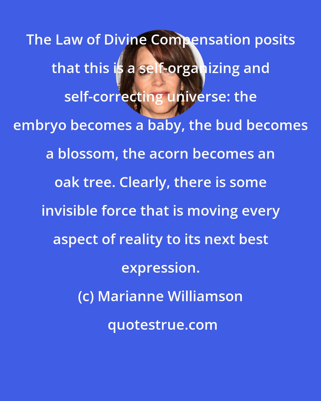 Marianne Williamson: The Law of Divine Compensation posits that this is a self-organizing and self-correcting universe: the embryo becomes a baby, the bud becomes a blossom, the acorn becomes an oak tree. Clearly, there is some invisible force that is moving every aspect of reality to its next best expression.