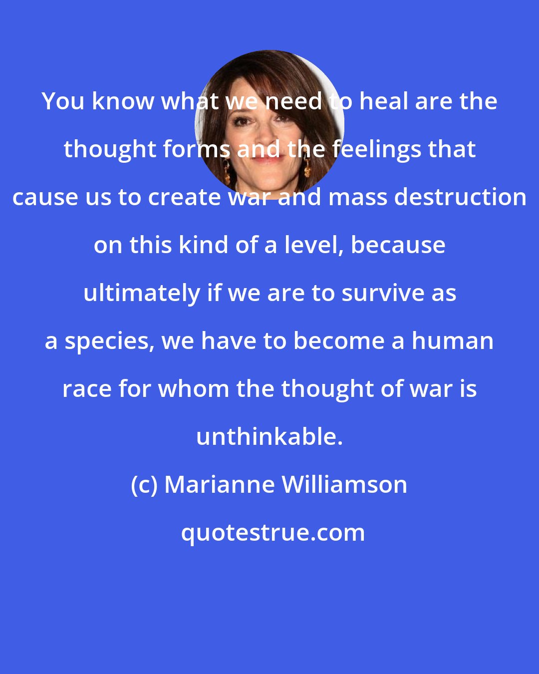 Marianne Williamson: You know what we need to heal are the thought forms and the feelings that cause us to create war and mass destruction on this kind of a level, because ultimately if we are to survive as a species, we have to become a human race for whom the thought of war is unthinkable.