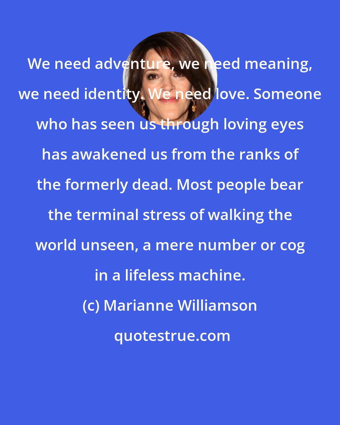 Marianne Williamson: We need adventure, we need meaning, we need identity. We need love. Someone who has seen us through loving eyes has awakened us from the ranks of the formerly dead. Most people bear the terminal stress of walking the world unseen, a mere number or cog in a lifeless machine.